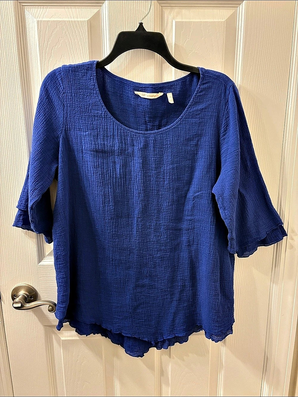 Soft Surroundings Siesta Key Tunic Cotton Ruffle Sleeve Blouse in Blue Size